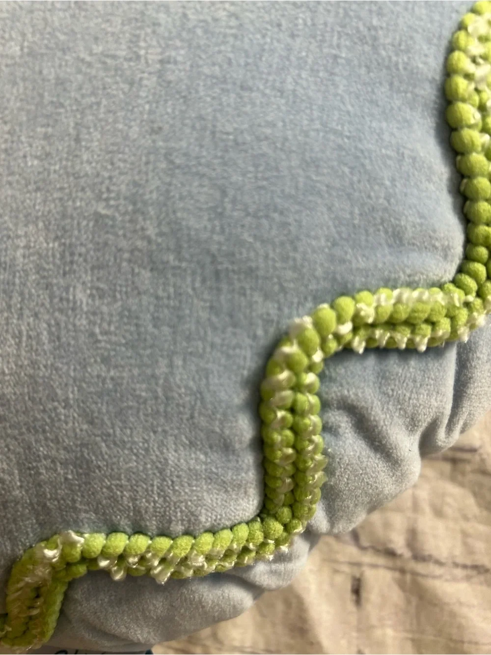 ETTA VEE BLUE VELVET WITH GREEN BRAIDED LIKE ACCENT ROUND WHIMSICAL THROW PILLOW